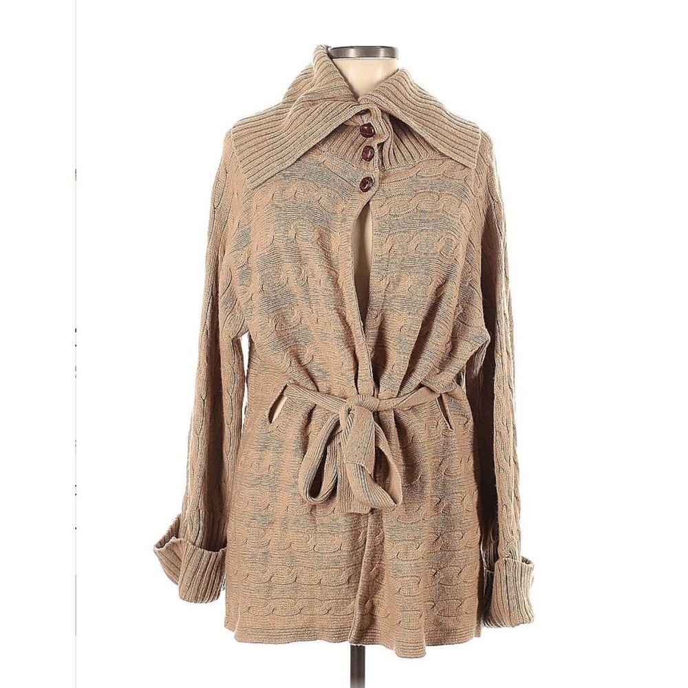 Ralph Lauren Wool Cashmere Cable Knit Belted Cardigan Tan Brown Large Buttons